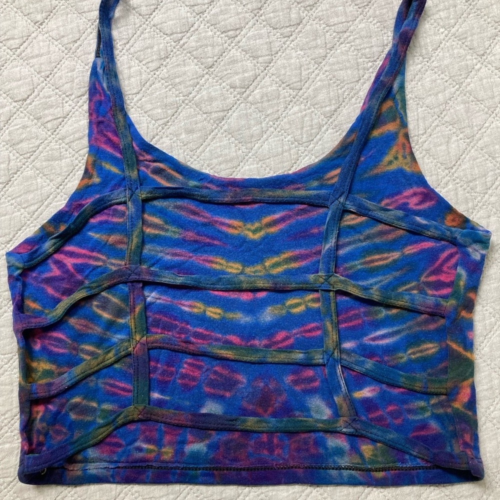 Strappy-back tie-die yoga top from Kathmandu Imports.